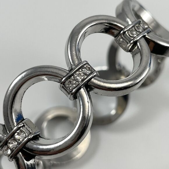 Silver Tone Metal White Glass Rhinestone Circle Clamper Hinged Bangle Bracelet - Picture 7 of 7